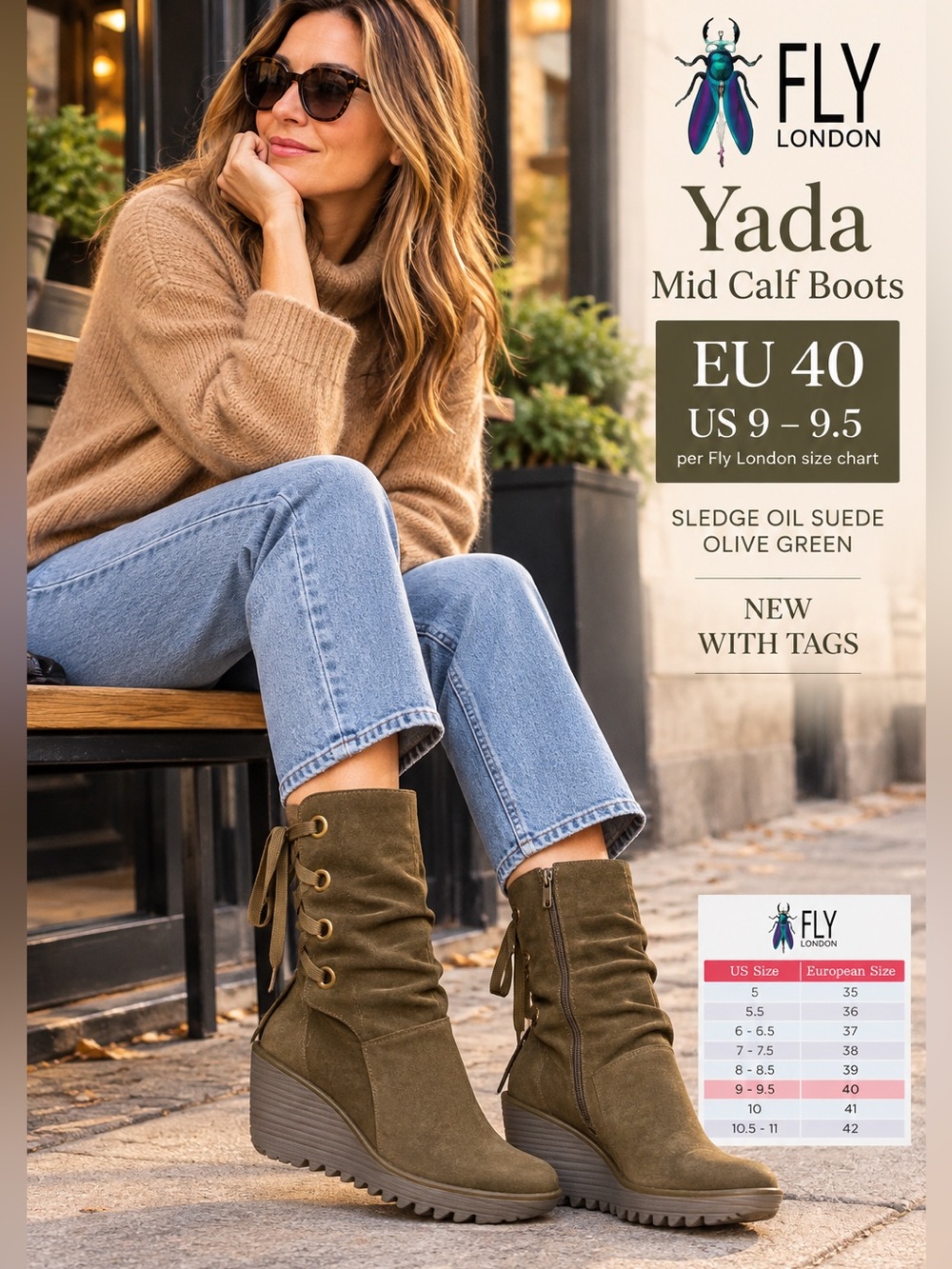 Fly London Yada mid calf Womens EU 40 US 9-9.5 Olive Suede Wedge Boots NEW laces